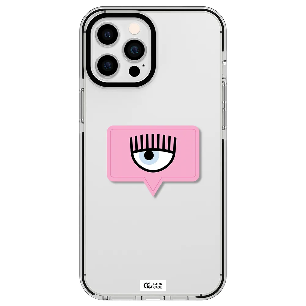 a pink chat bubble with eye and eyelashes Apple iPhone 12 pro max impact black border Case
