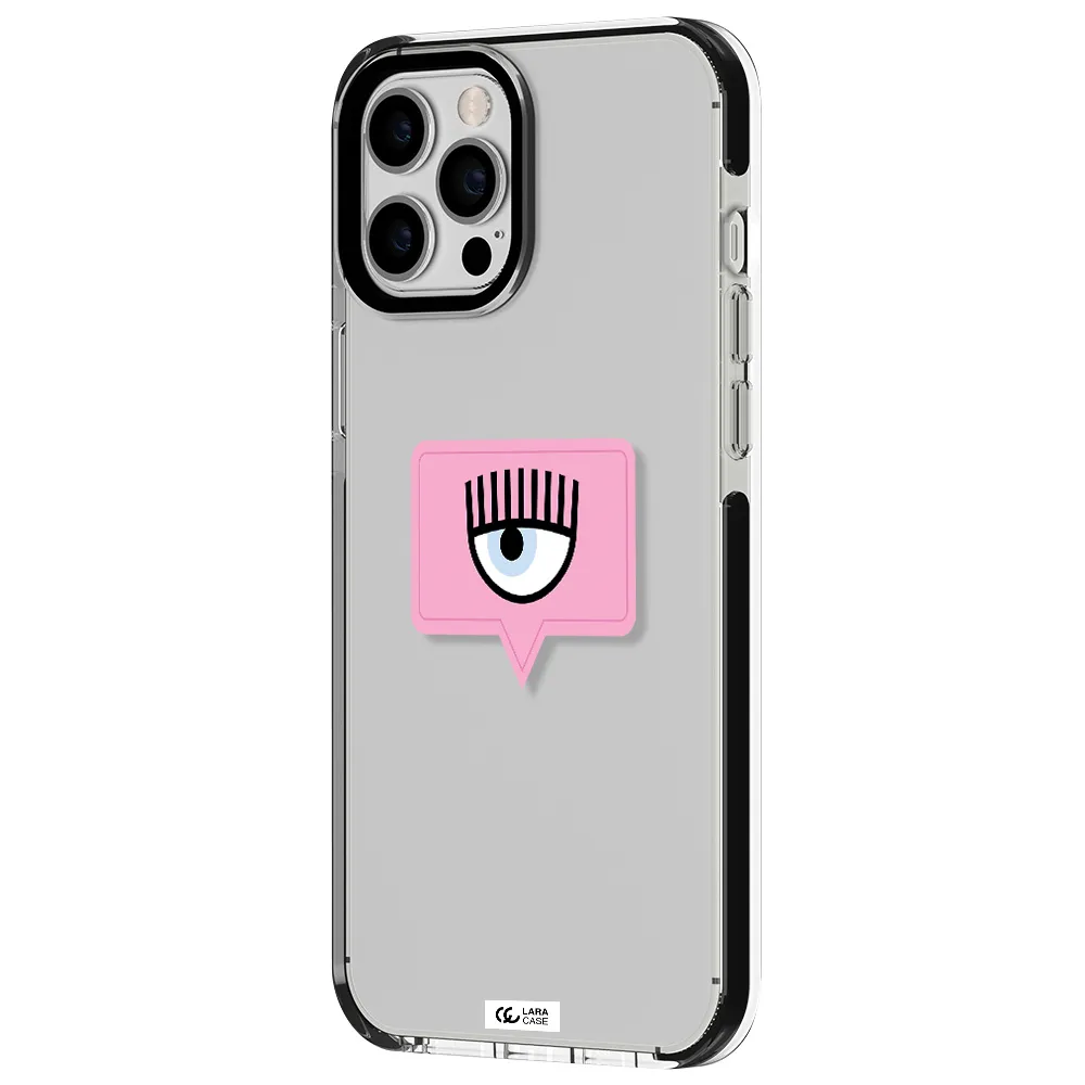 a pink chat bubble with eye and eyelashes Apple iPhone 12 pro max impact black border Case