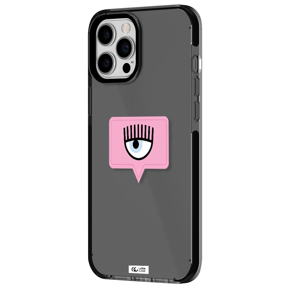 a pink chat bubble with eye and eyelashes Apple iPhone 12 pro max impact Smoke Black Case