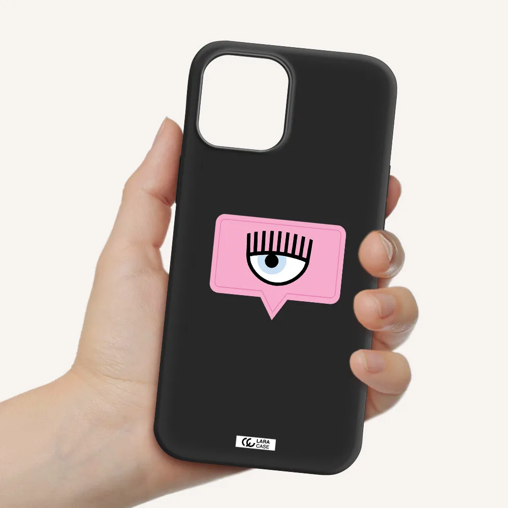 a pink chat bubble with eye and eyelashes Apple iPhone 12 pro max Silicone black Case