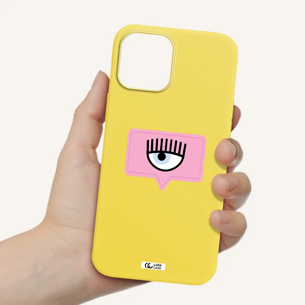 a pink chat bubble with eye and eyelashes Apple iPhone 12 pro Silicone canary yellow Case