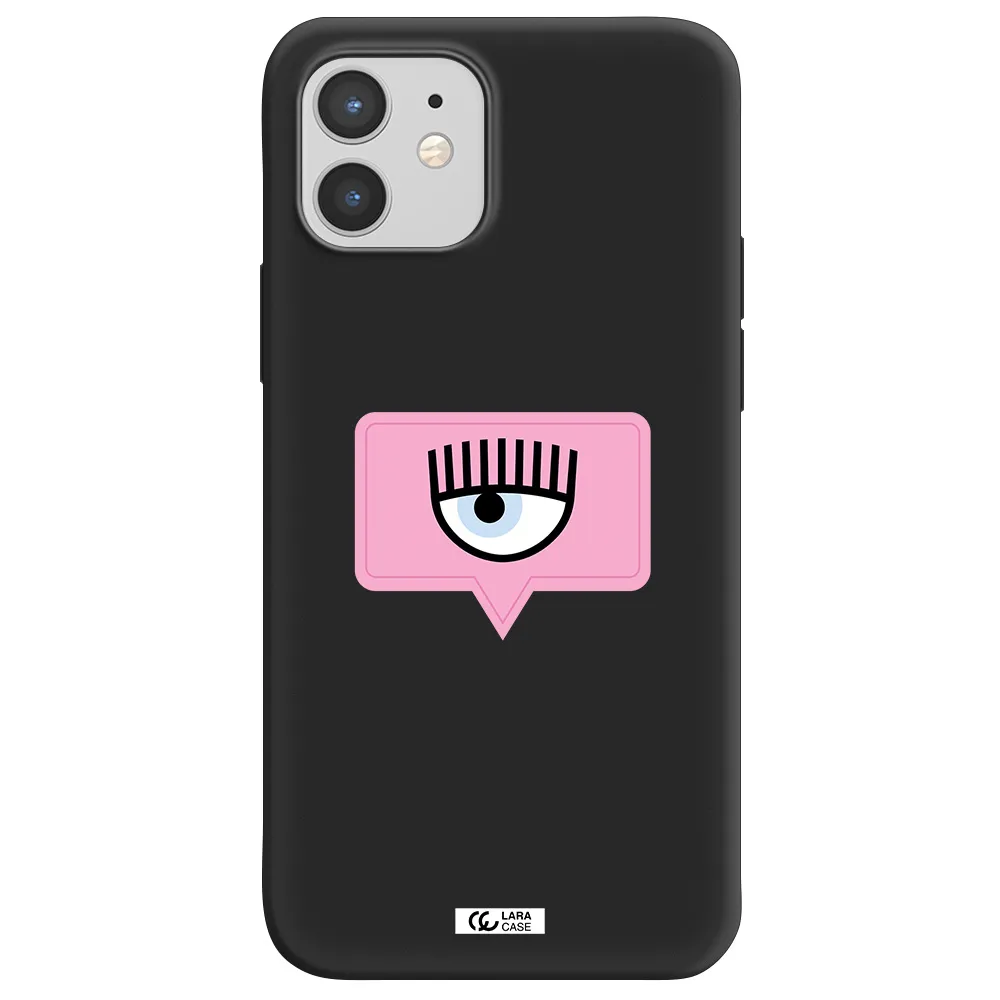 a pink chat bubble with eye and eyelashes Apple iPhone 12 Silicone black Case