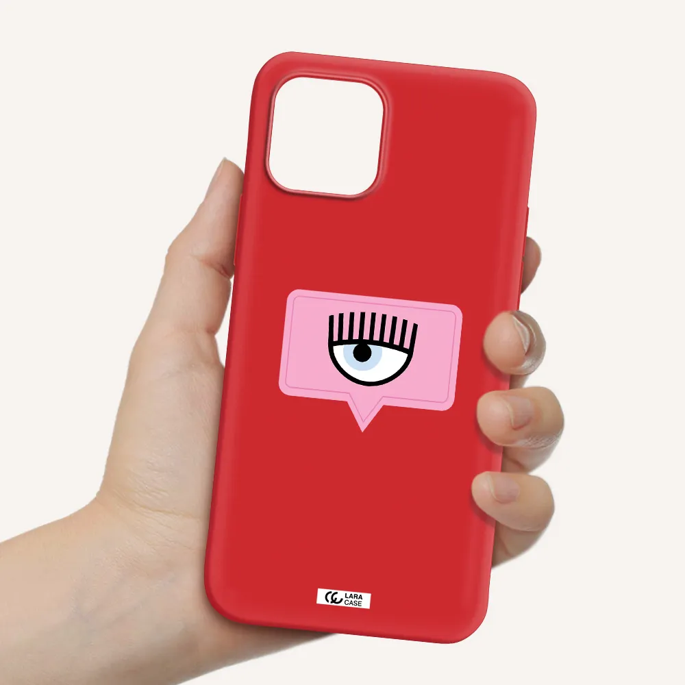 a pink chat bubble with eye and eyelashes Apple iPhone 12 Silicone Imperial Red Case