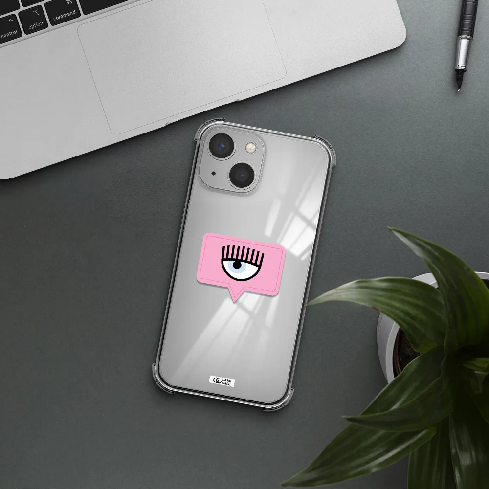 a pink chat bubble with eye and eyelashes Apple iPhone 13 Clear PC Case