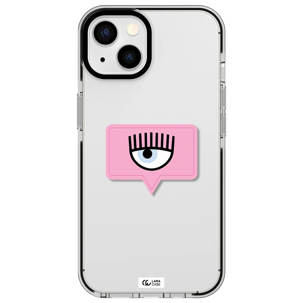 a pink chat bubble with eye and eyelashes Apple iPhone 13 impact black border Case