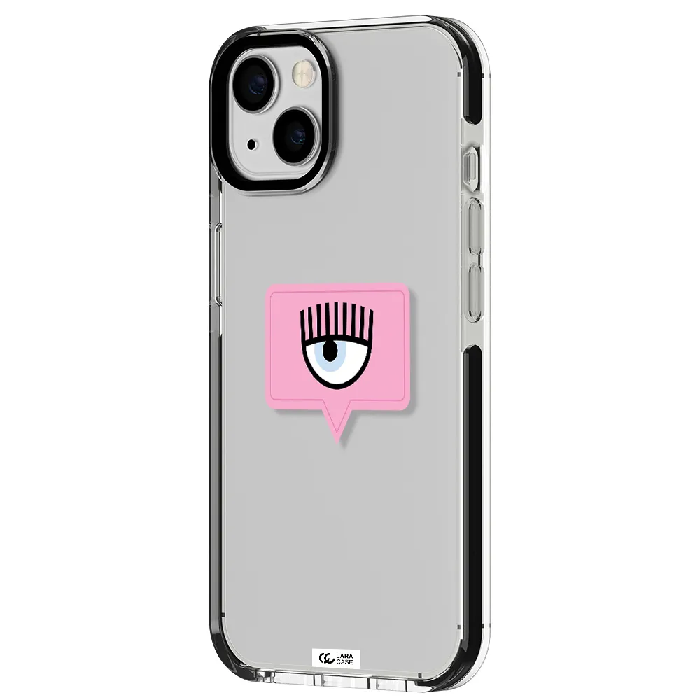 a pink chat bubble with eye and eyelashes Apple iPhone 13 impact black border Case