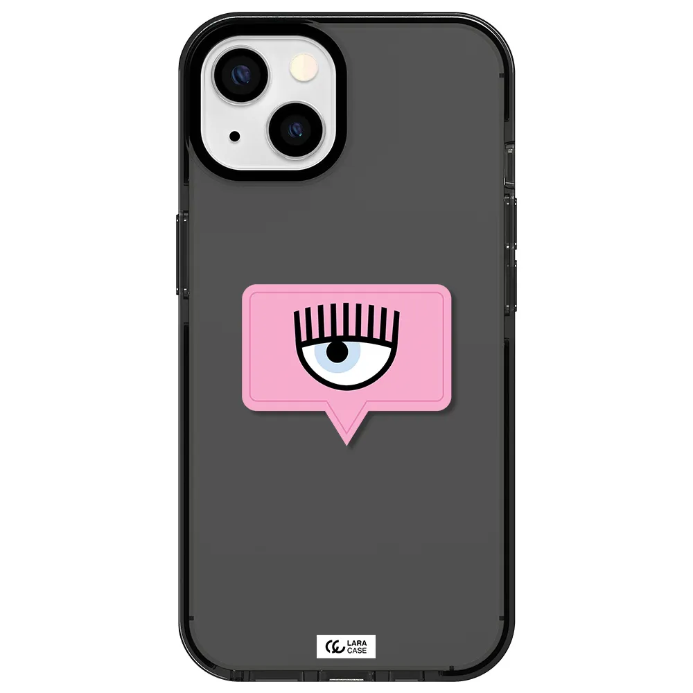 a pink chat bubble with eye and eyelashes Apple iPhone 13 impact Smoke Black Case