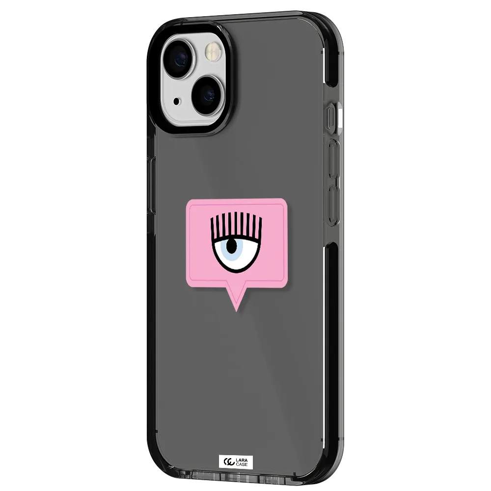 a pink chat bubble with eye and eyelashes Apple iPhone 13 impact Smoke Black Case