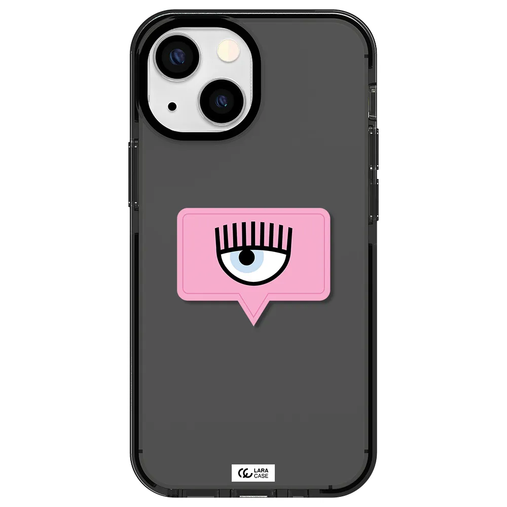 a pink chat bubble with eye and eyelashes Apple iPhone 13 mini impact Smoke Black Case