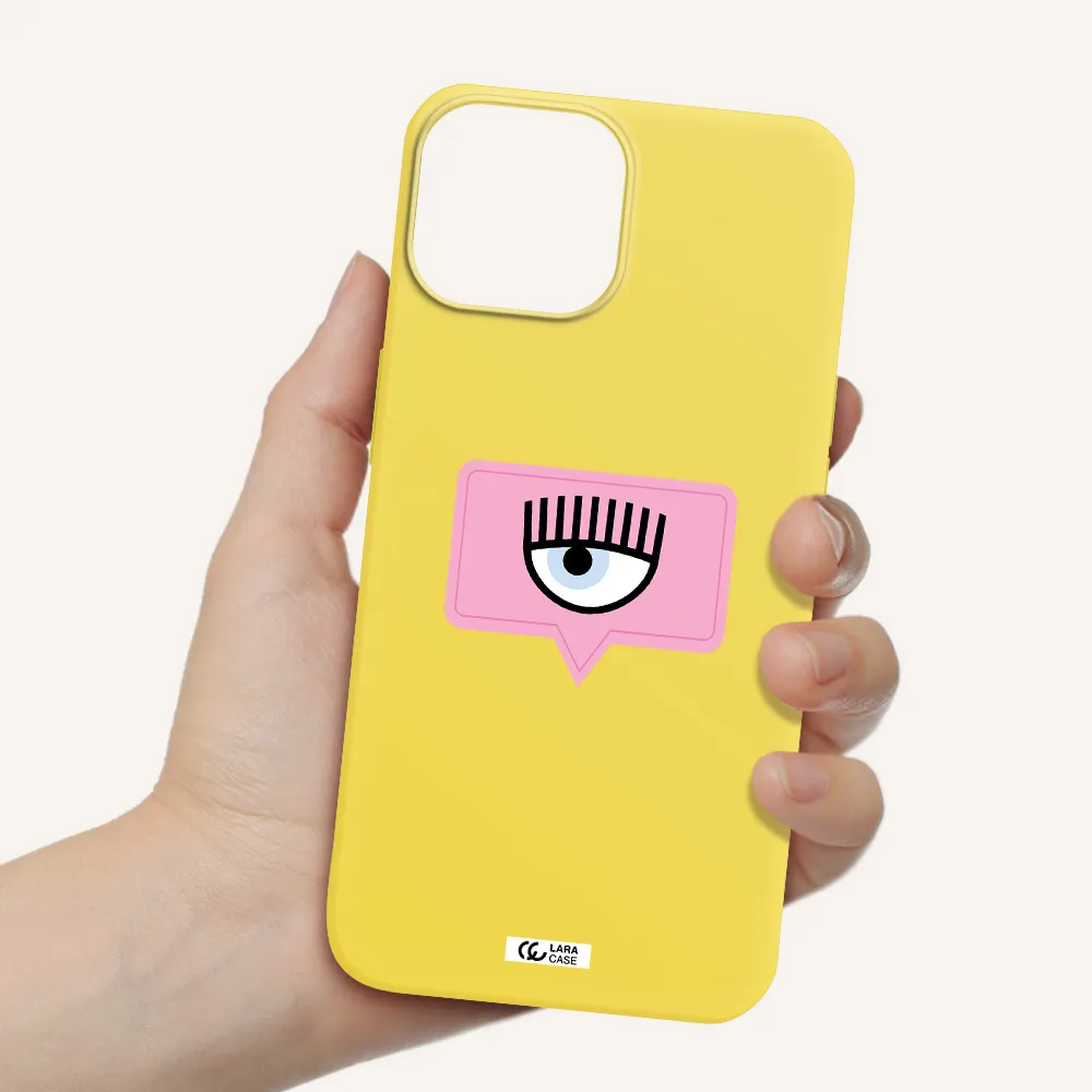 a pink chat bubble with eye and eyelashes Apple iPhone 13 mini Silicone canary yellow Case