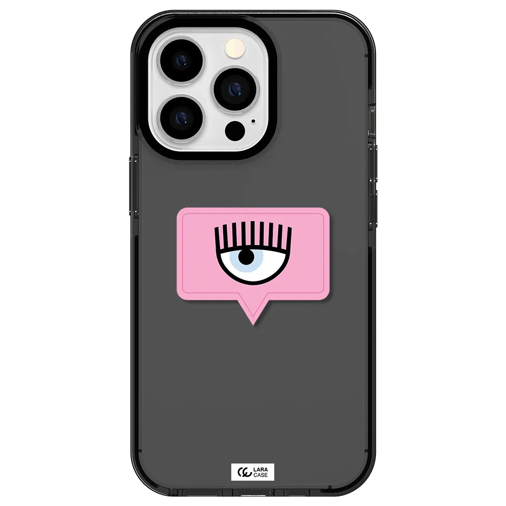 a pink chat bubble with eye and eyelashes Apple iPhone 13 Pro impact Smoke Black Case