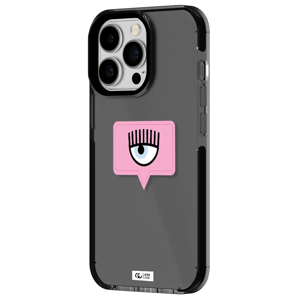 a pink chat bubble with eye and eyelashes Apple iPhone 13 Pro impact Smoke Black Case