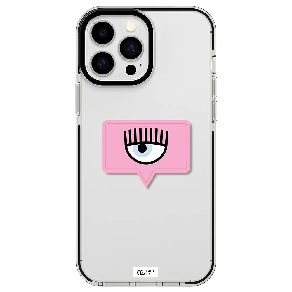 a pink chat bubble with eye and eyelashes Apple iPhone 13 Pro Max impact black border Case