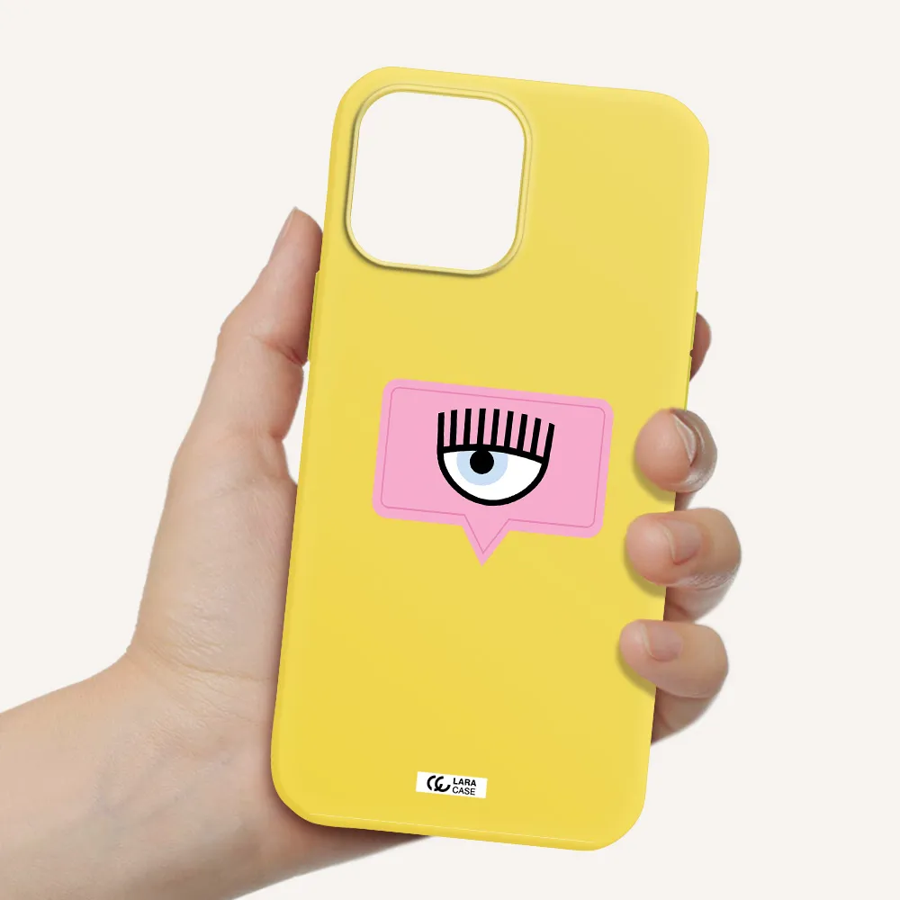 a pink chat bubble with eye and eyelashes Apple iPhone 13 Pro Silicone canary yellow Case