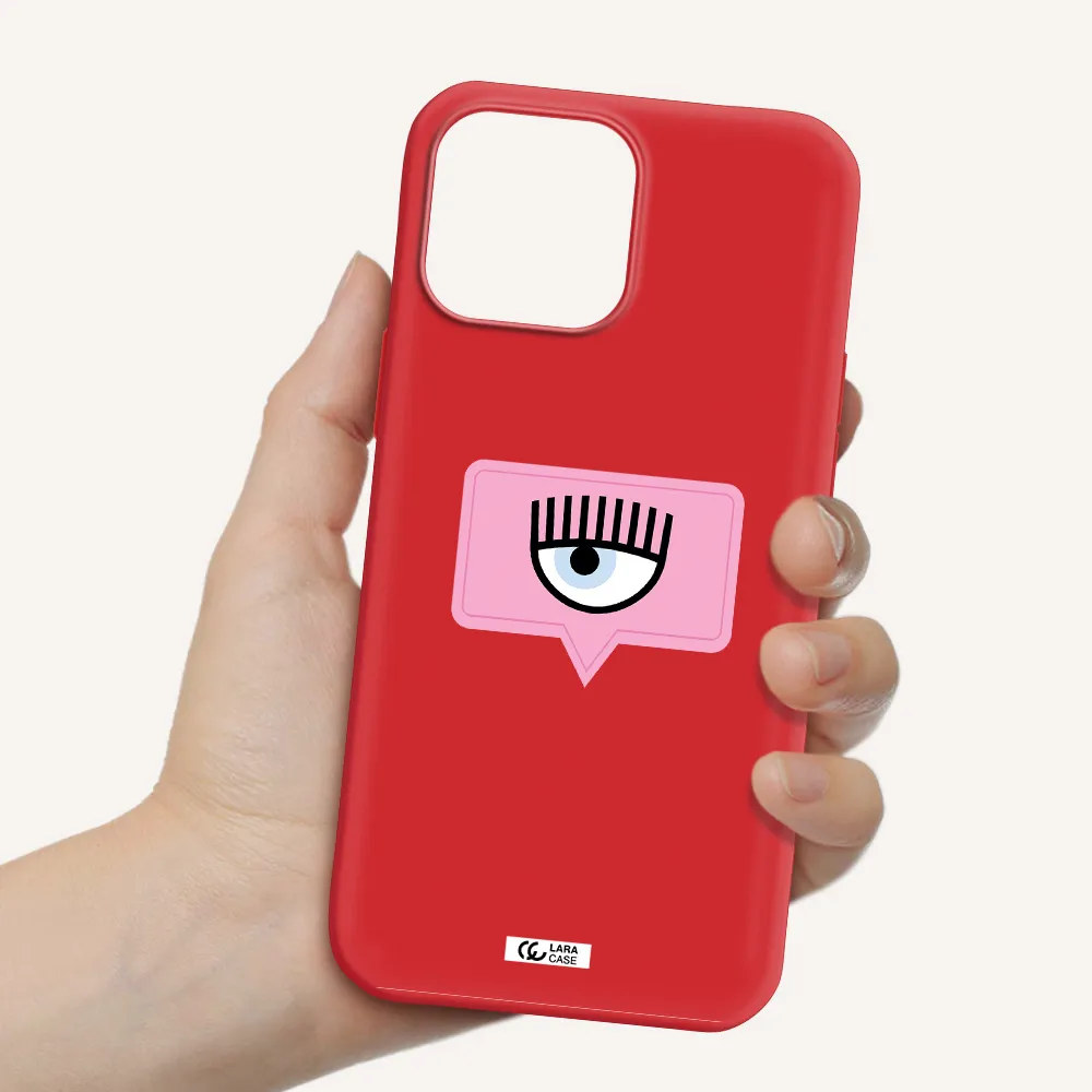 a pink chat bubble with eye and eyelashes Apple iPhone 13 Pro Silicone Imperial Red Case
