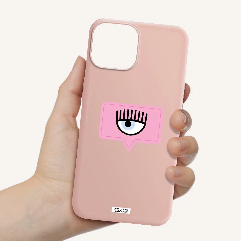 a pink chat bubble with eye and eyelashes Apple iPhone 13 Silicone pastel pink Case