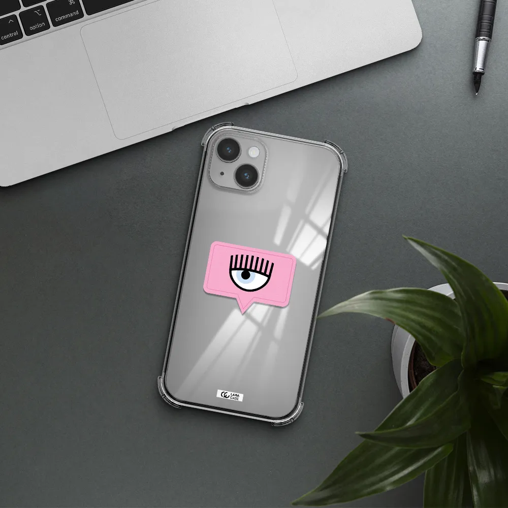 a pink chat bubble with eye and eyelashes Apple iPhone 14 Clear PC Case