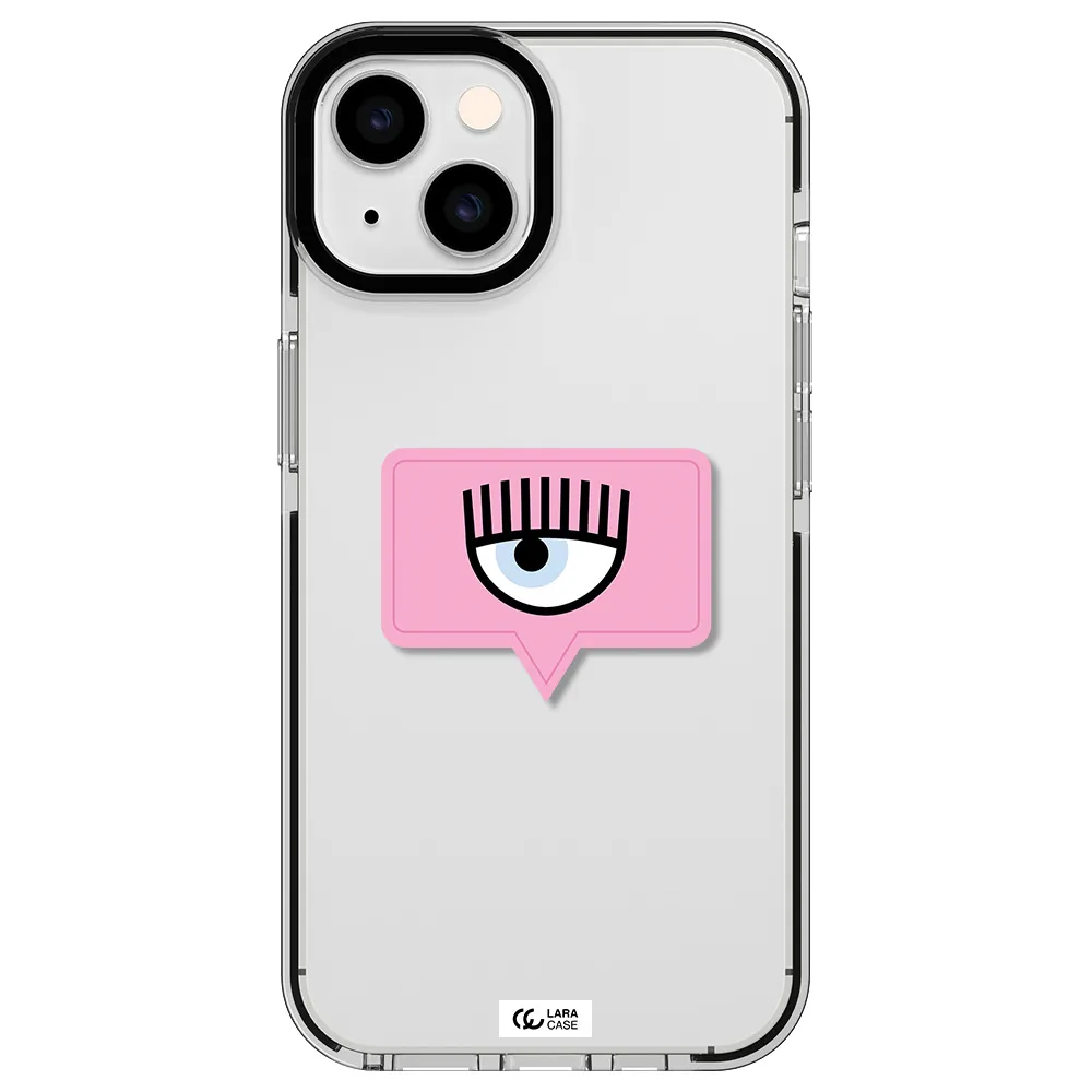 a pink chat bubble with eye and eyelashes Apple iPhone 14 impact black border Case