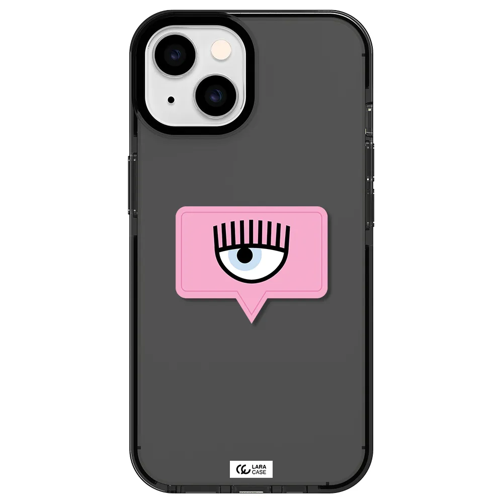 a pink chat bubble with eye and eyelashes Apple iPhone 14 impact Smoke Black Case