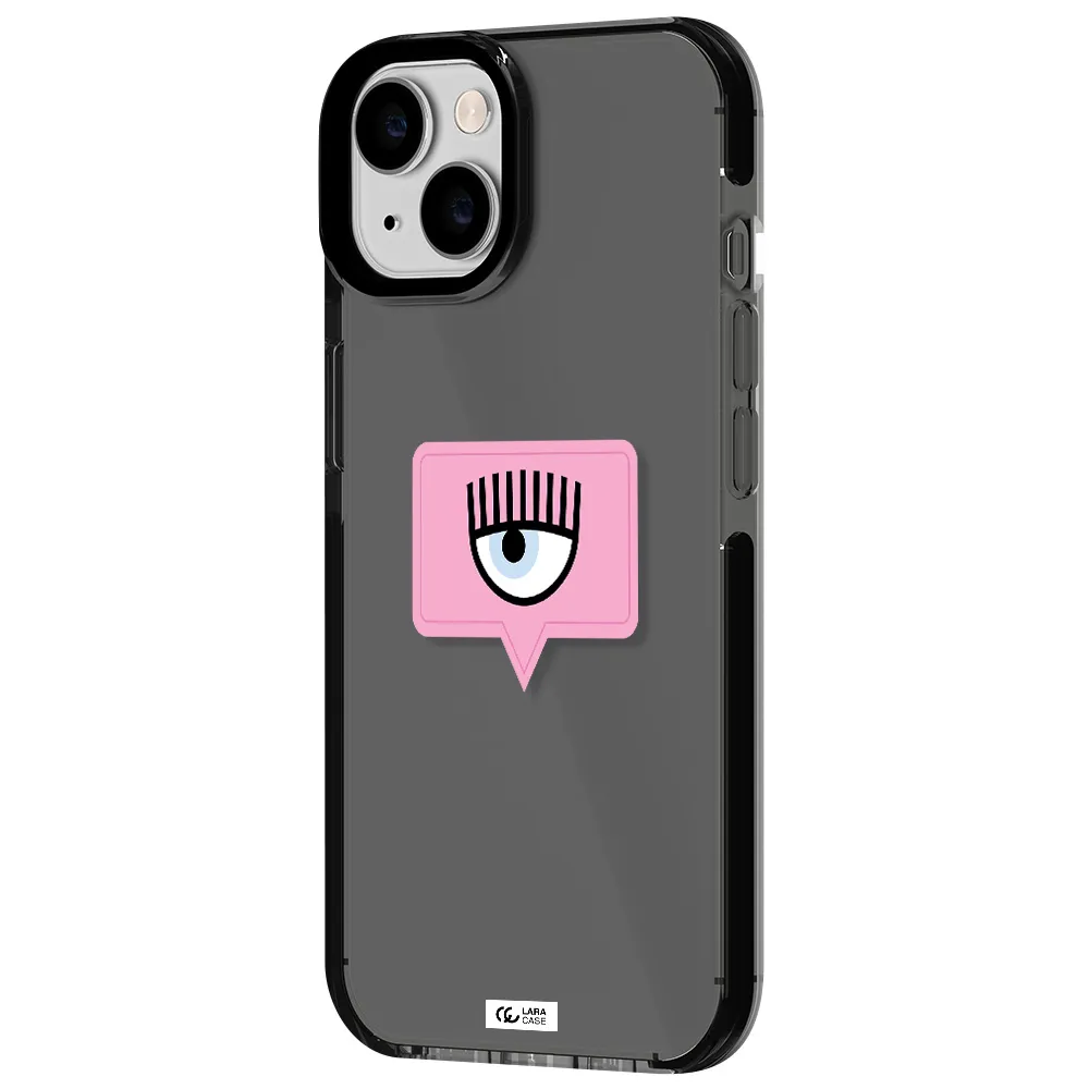 a pink chat bubble with eye and eyelashes Apple iPhone 14 impact Smoke Black Case