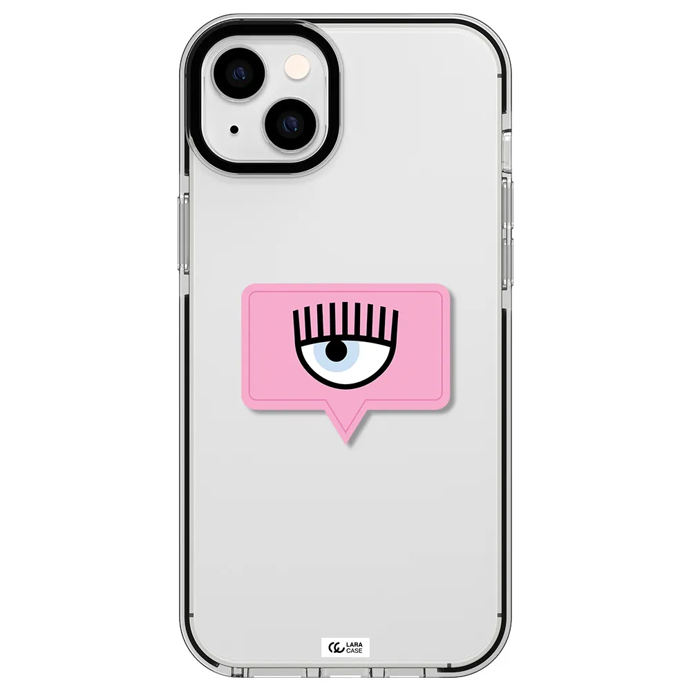a pink chat bubble with eye and eyelashes Apple iPhone 14 plus impact black border Case