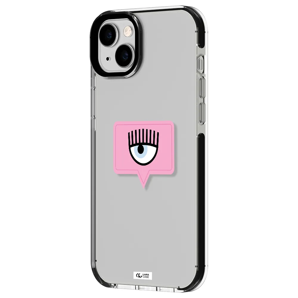 a pink chat bubble with eye and eyelashes Apple iPhone 14 plus impact black border Case