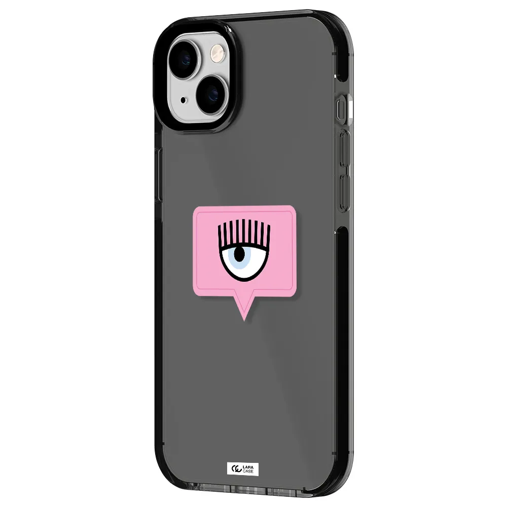 a pink chat bubble with eye and eyelashes Apple iPhone 14 plus impact Smoke Black Case