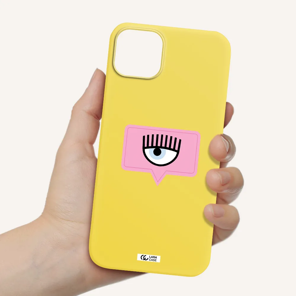 a pink chat bubble with eye and eyelashes Apple iPhone 14 plus Silicone canary yellow Case