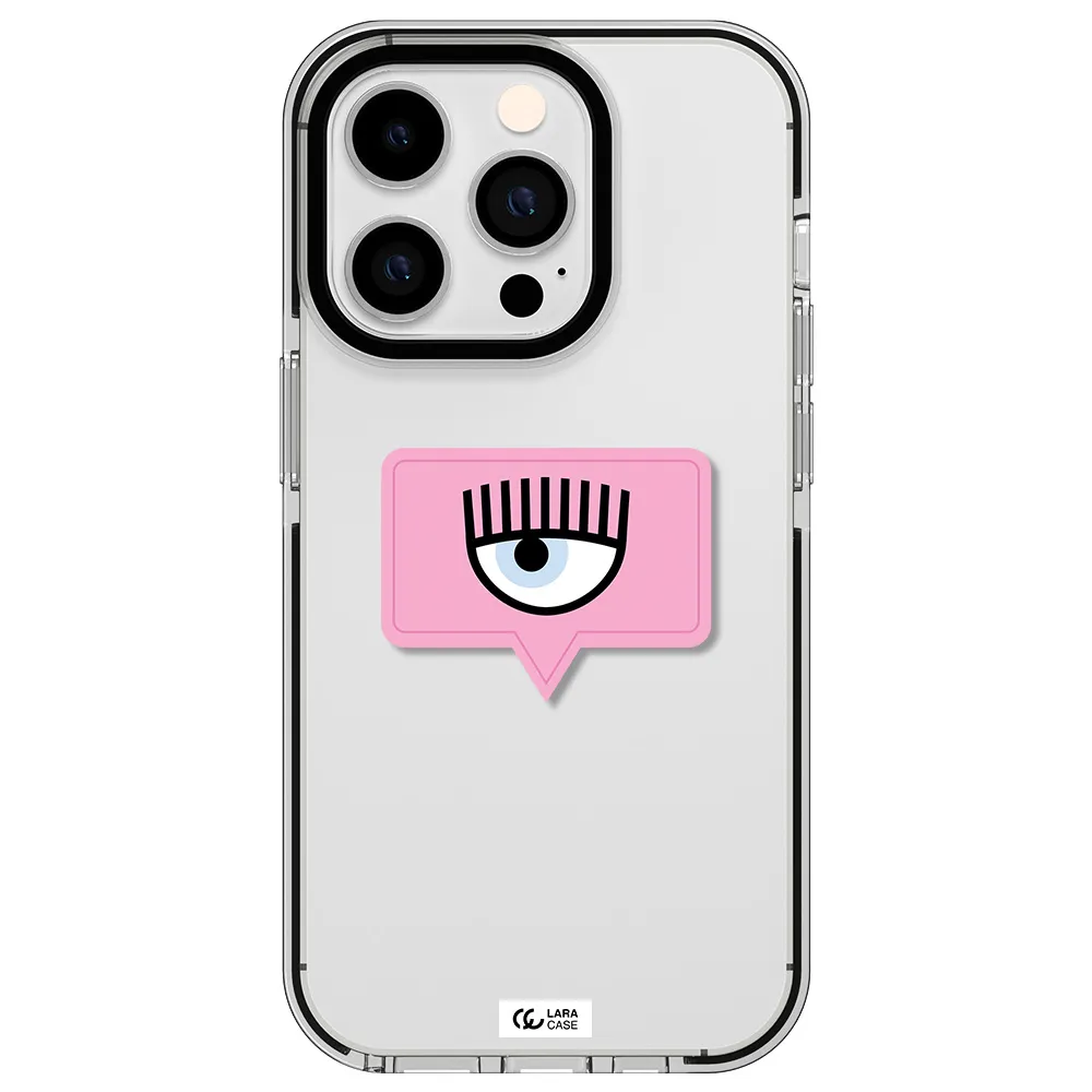 a pink chat bubble with eye and eyelashes Apple iPhone 14 pro impact black border Case