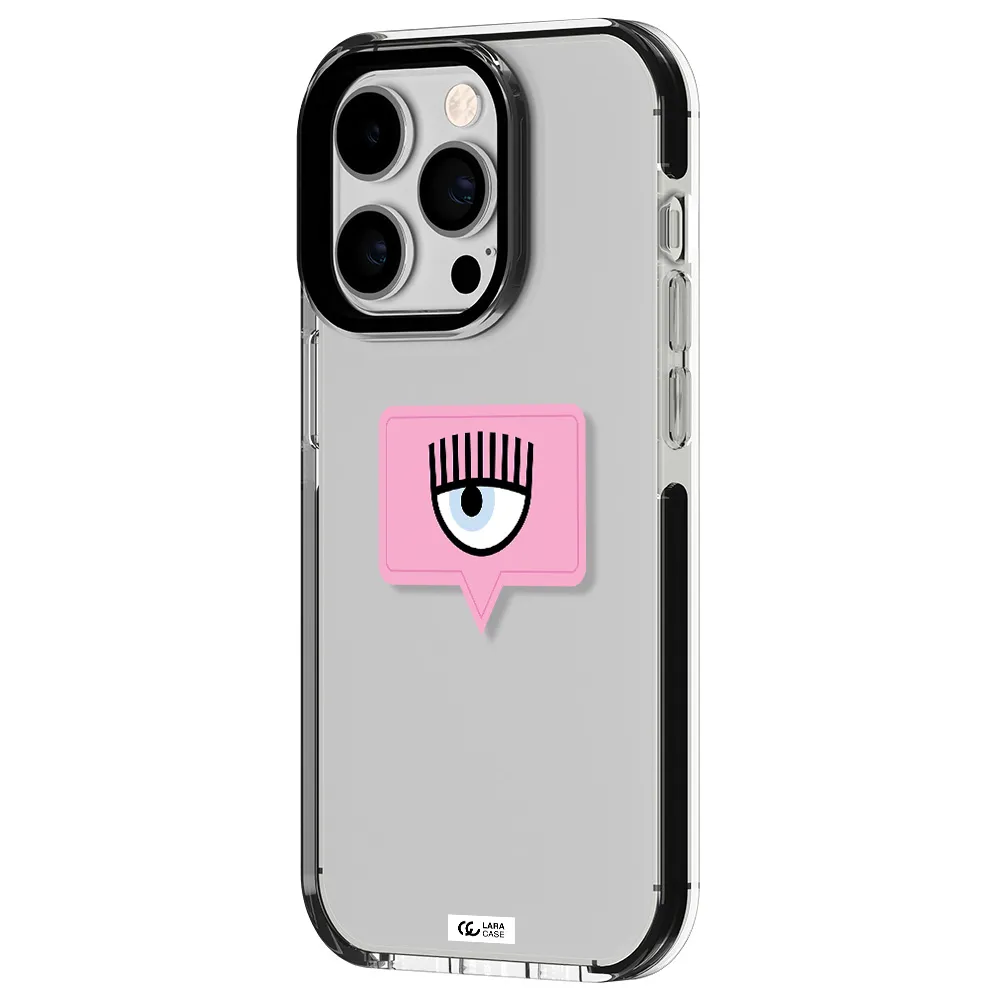 a pink chat bubble with eye and eyelashes Apple iPhone 14 pro impact black border Case