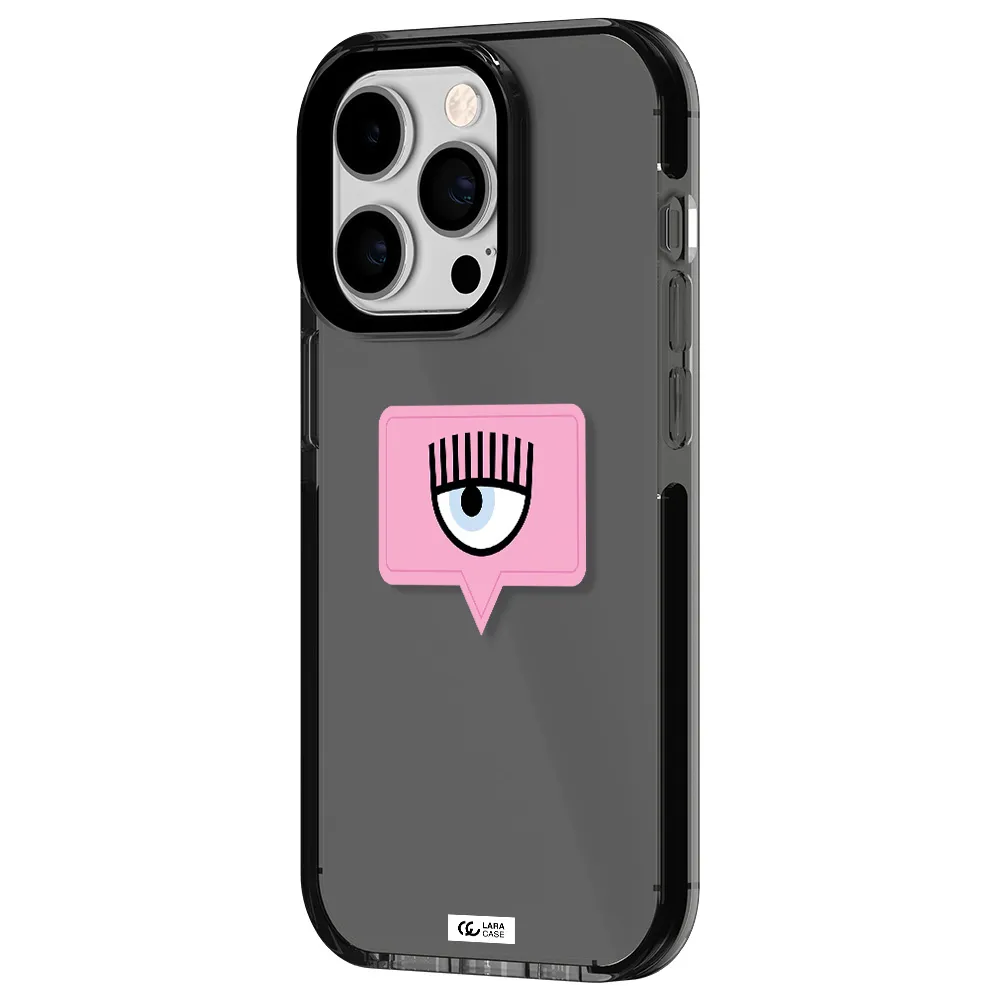 a pink chat bubble with eye and eyelashes Apple iPhone 14 pro impact Smoke Black Case
