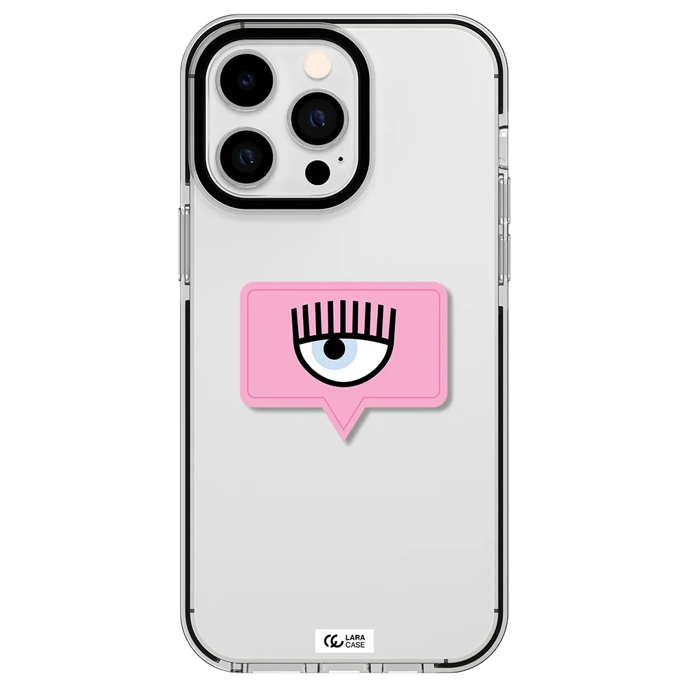 a pink chat bubble with eye and eyelashes Apple iPhone 14 pro max impact black border Case