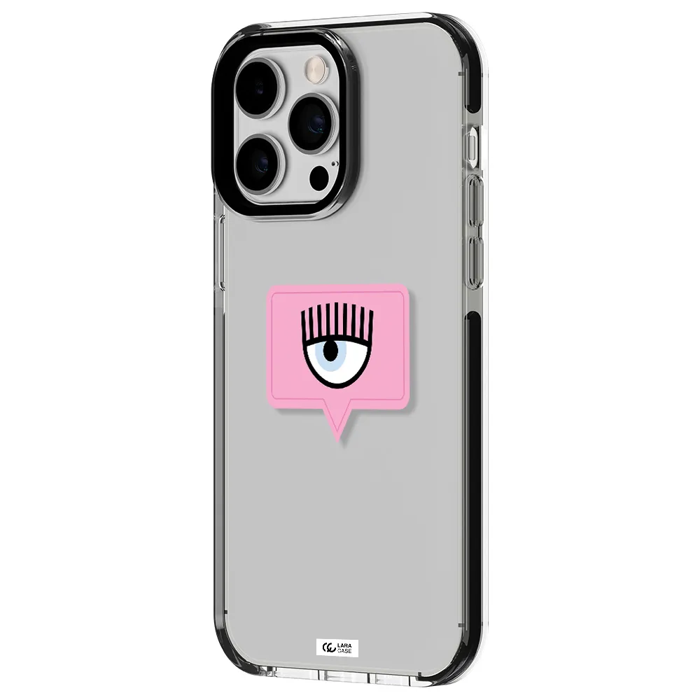 a pink chat bubble with eye and eyelashes Apple iPhone 14 pro max impact black border Case