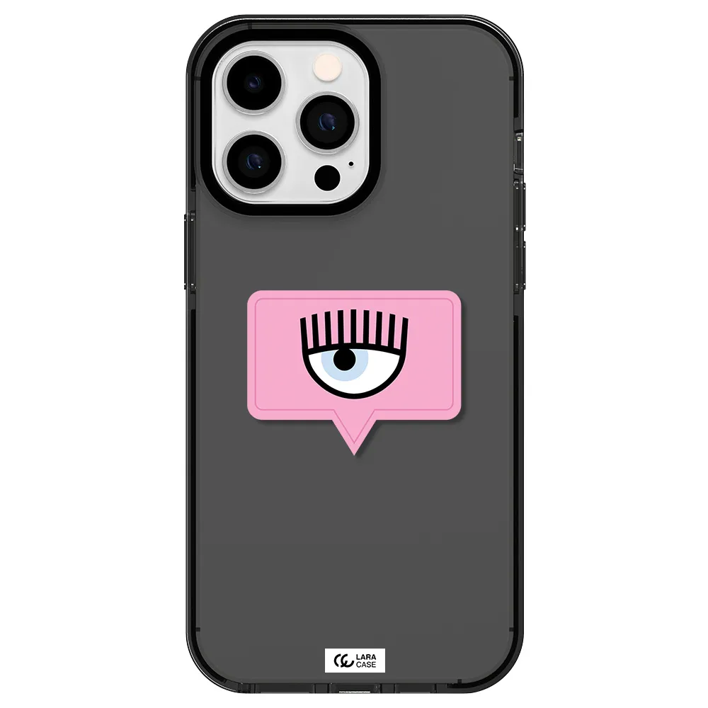 a pink chat bubble with eye and eyelashes Apple iPhone 14 pro max impact Smoke Black Case
