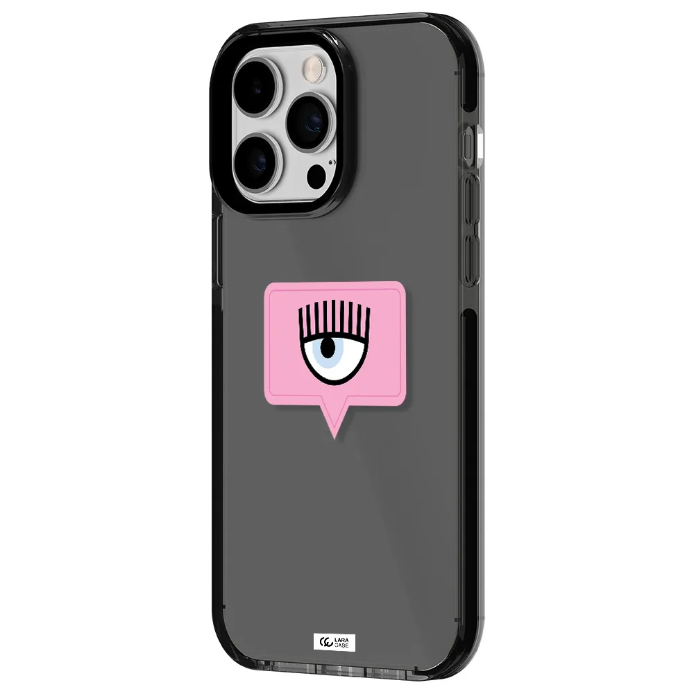a pink chat bubble with eye and eyelashes Apple iPhone 14 pro max impact Smoke Black Case