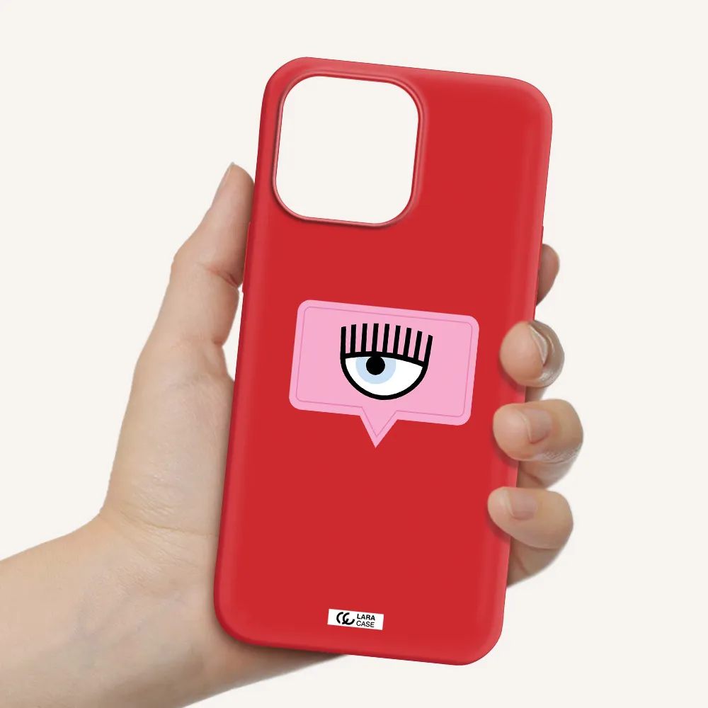 a pink chat bubble with eye and eyelashes Apple iPhone 14 pro max Silicone Imperial Red Case