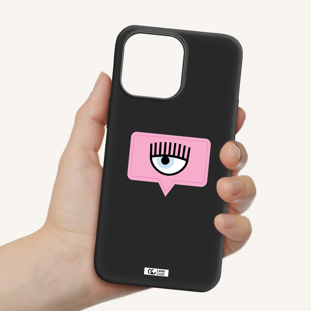 a pink chat bubble with eye and eyelashes Apple iPhone 14 pro Silicone black Case
