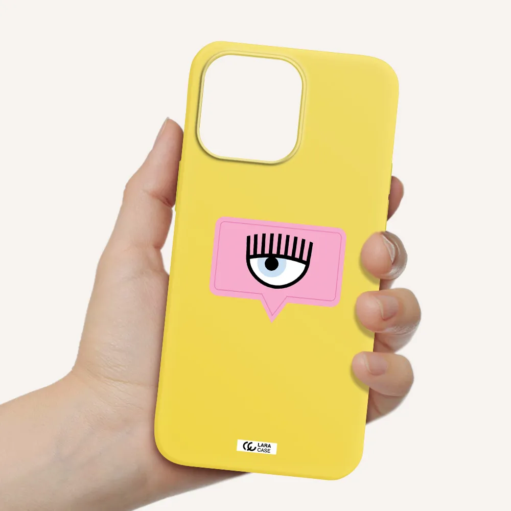 a pink chat bubble with eye and eyelashes Apple iPhone 14 pro Silicone canary yellow Case