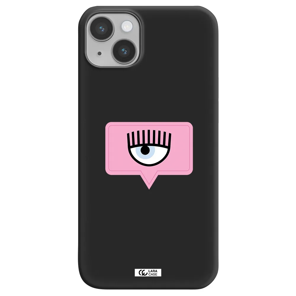 a pink chat bubble with eye and eyelashes Apple iPhone 14 Silicone black Case