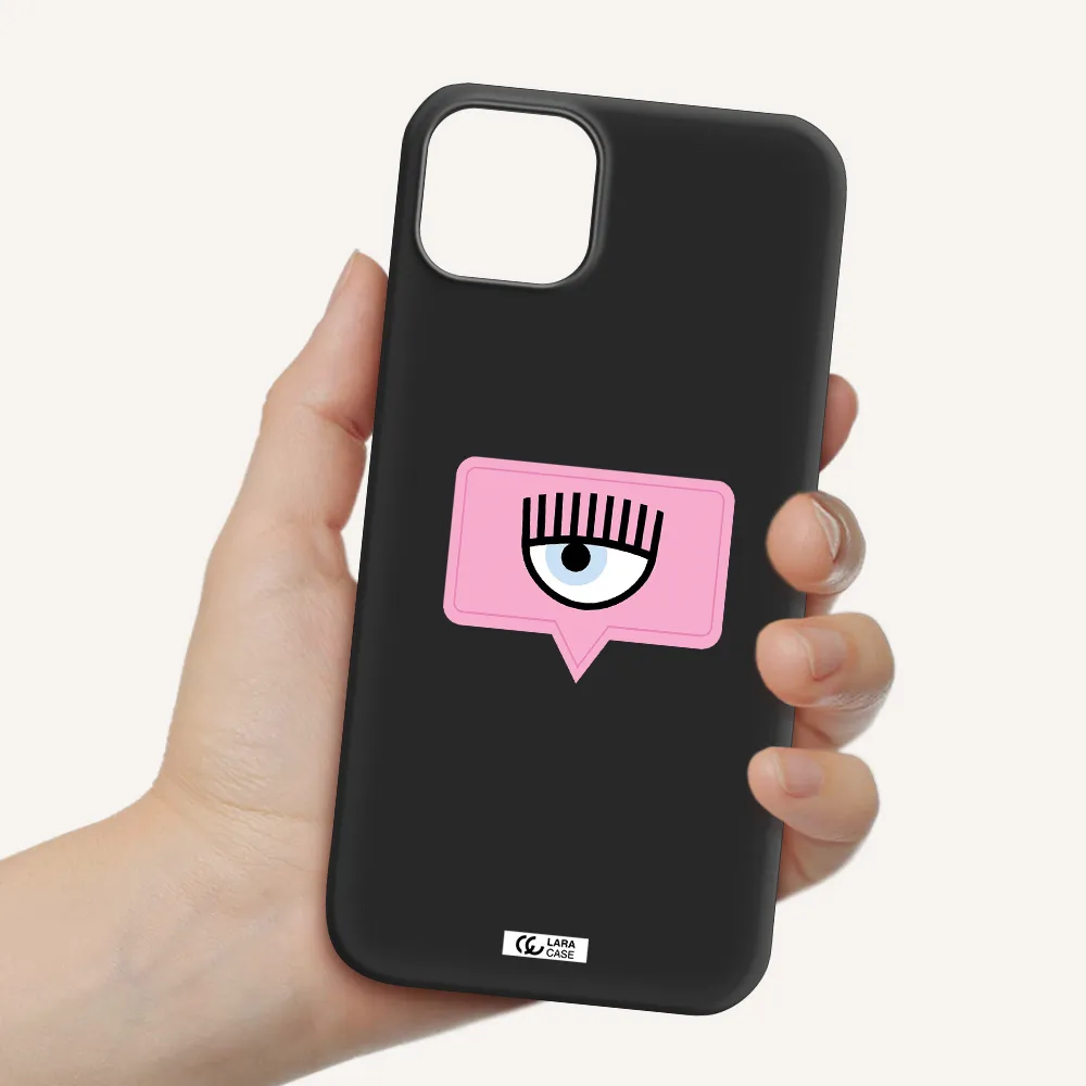 a pink chat bubble with eye and eyelashes Apple iPhone 14 Silicone black Case