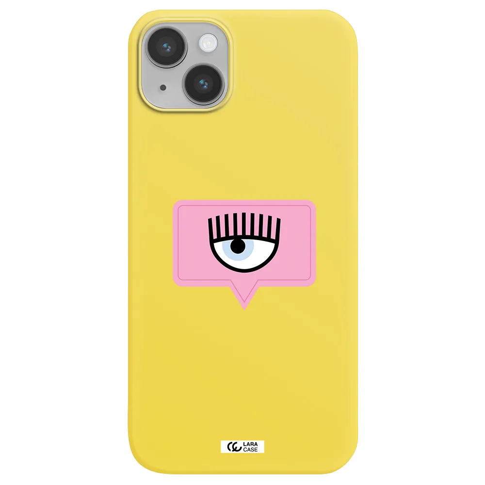 a pink chat bubble with eye and eyelashes Apple iPhone 14 Silicone canary yellow Case