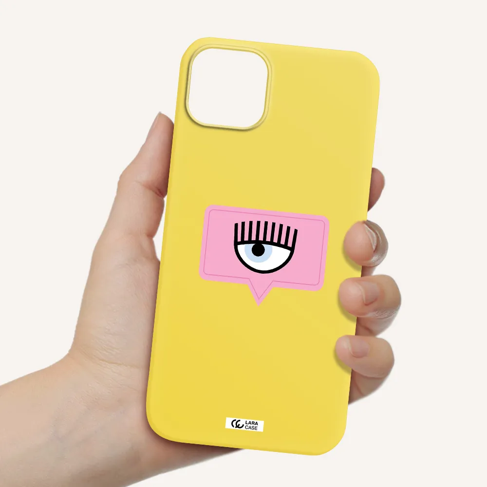 a pink chat bubble with eye and eyelashes Apple iPhone 14 Silicone canary yellow Case