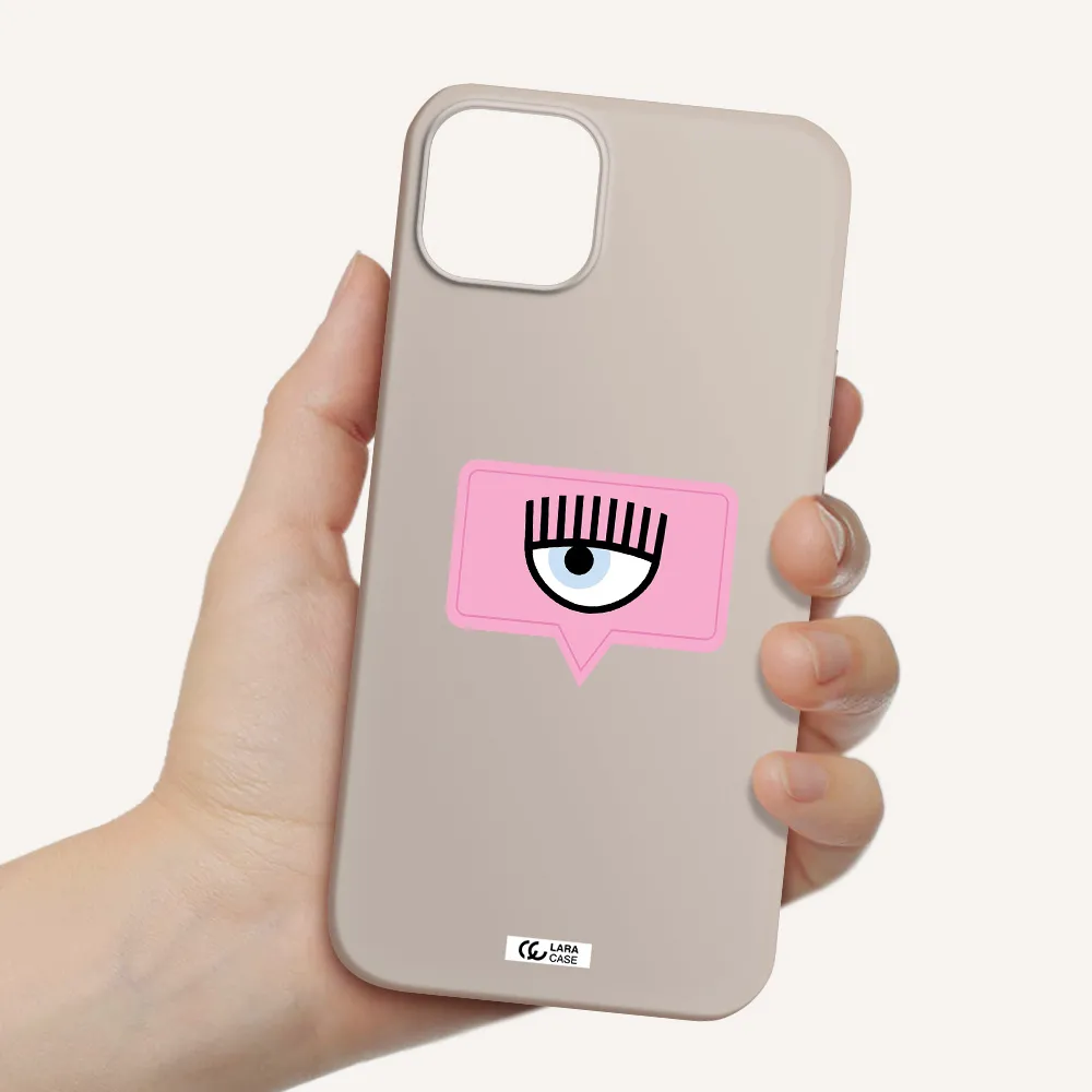 a pink chat bubble with eye and eyelashes Apple iPhone 14 Silicone Stone Case