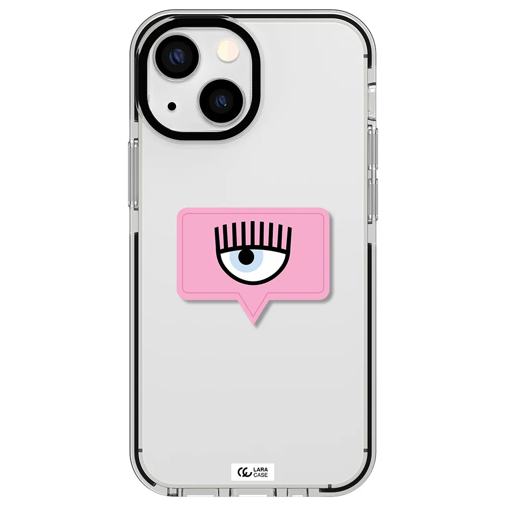 a pink chat bubble with eye and eyelashes Apple iPhone 15 impact black border Case
