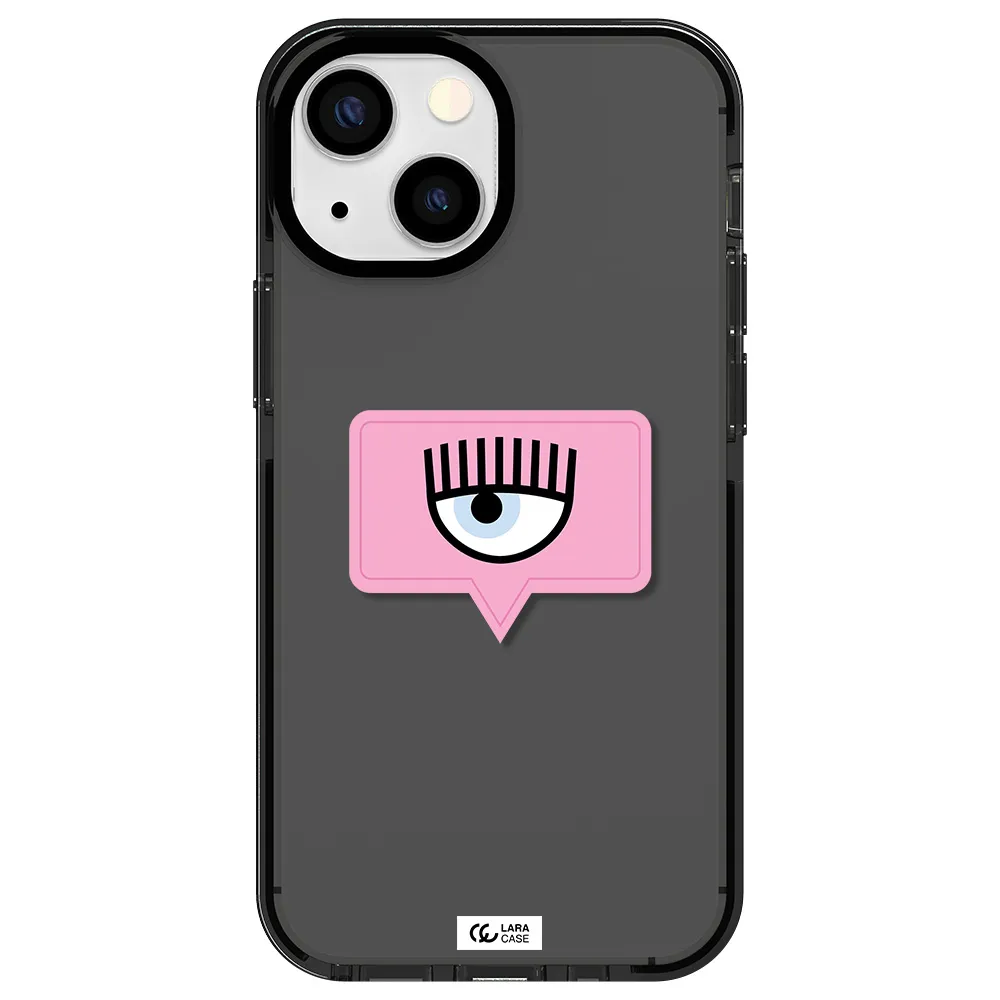 a pink chat bubble with eye and eyelashes Apple iPhone 15 impact Smoke Black Case
