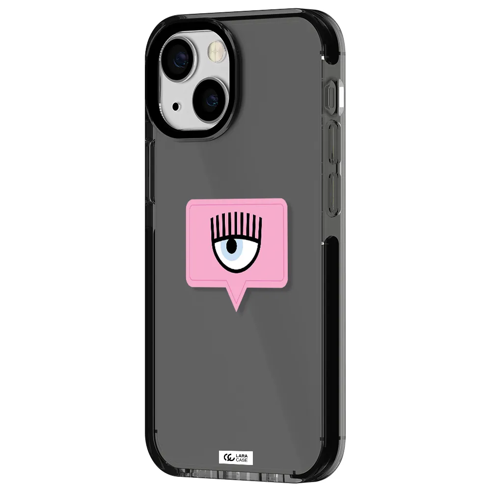 a pink chat bubble with eye and eyelashes Apple iPhone 15 impact Smoke Black Case