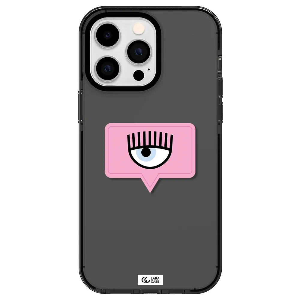 a pink chat bubble with eye and eyelashes Apple iPhone 15 Pro Max impact Smoke Black Case