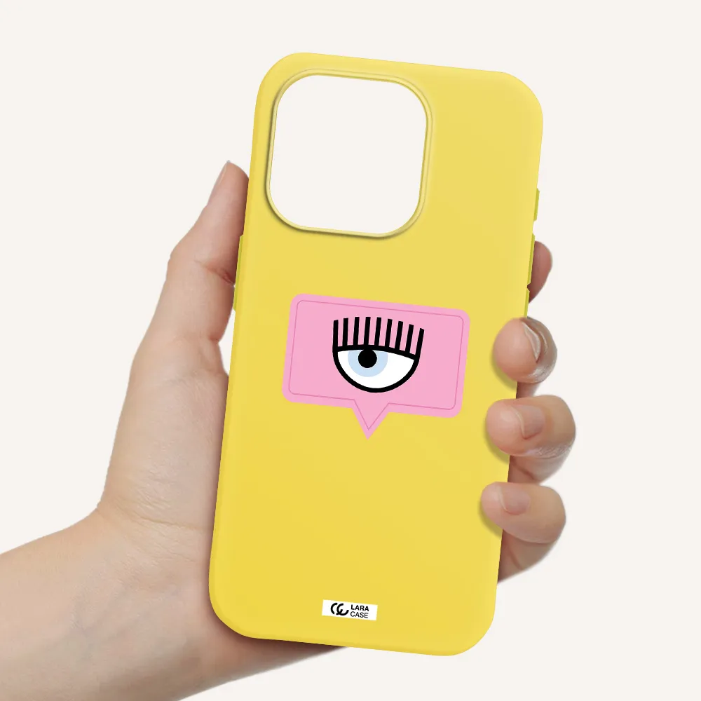 A Pink Chat Bubble With Eye And Eyelashes Apple Iphone 15 Pro Silicone Canary Yellow Case