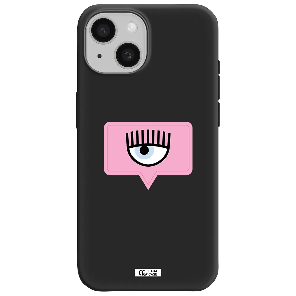 a pink chat bubble with eye and eyelashes Apple iPhone 15 Silicone black Case
