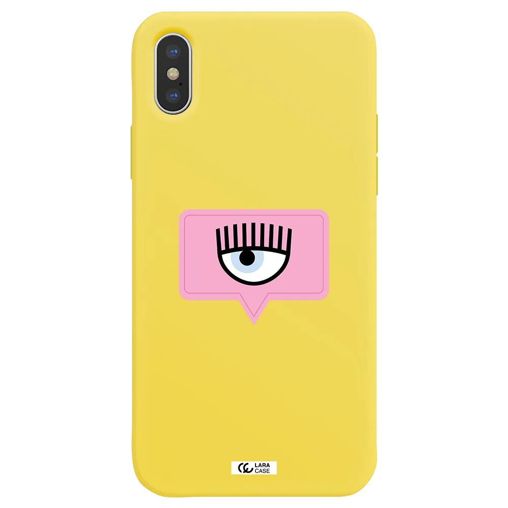 a pink chat bubble with eye and eyelashes Apple iPhone XS Silicone canary yellow Case